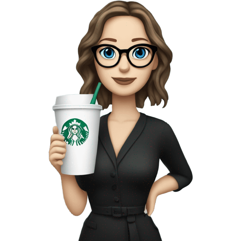 Photo of Brunette Jennifer Lawrence wearing black glasses and blue eyes drinking Starbucks  emoji