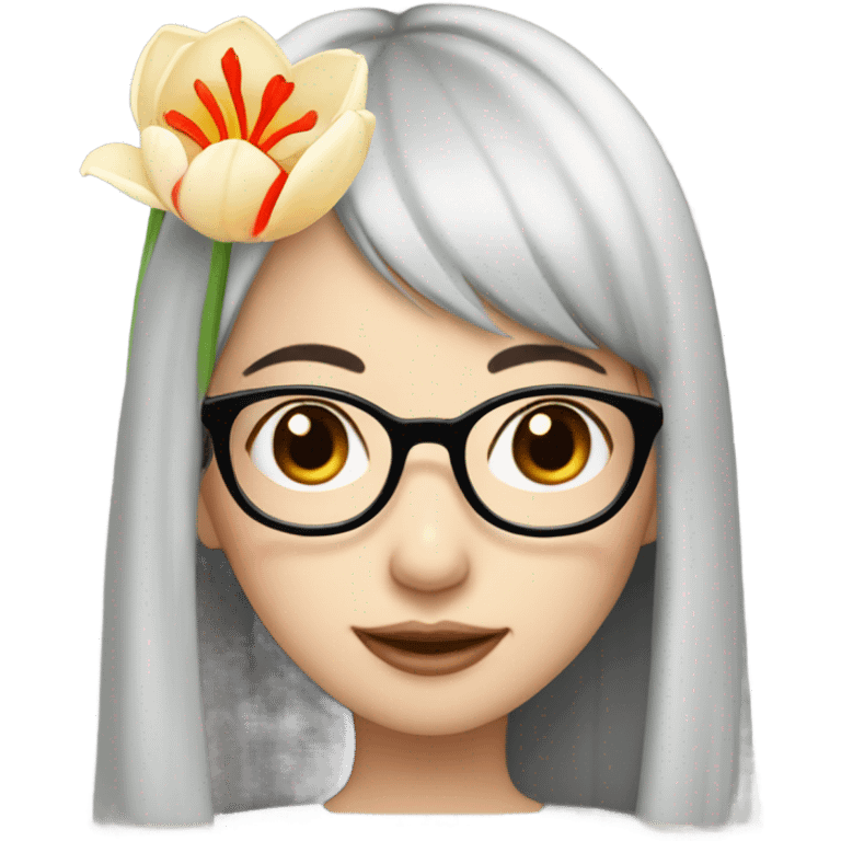 asian pale skin girl with long black hair and bangs and glasses holding tulips emoji