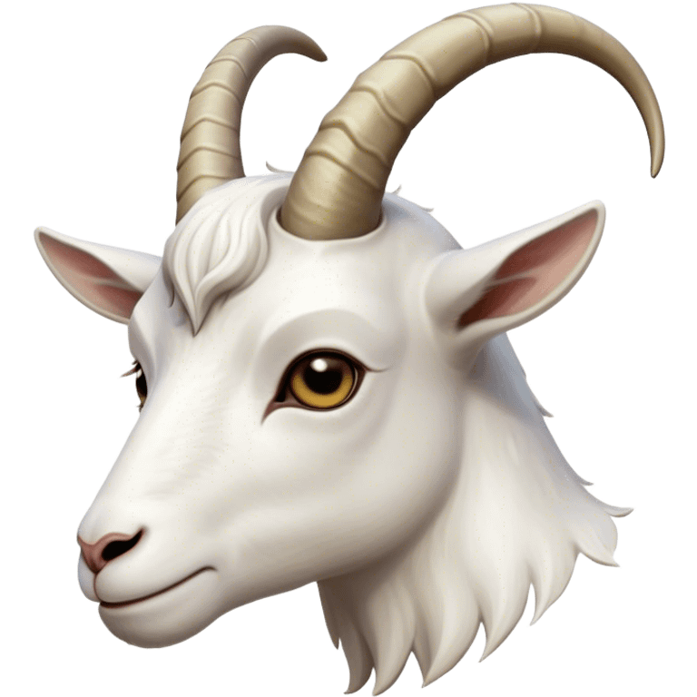 Cinematic Noble White Goat Portrait Emoji, Poised and regal, with a sturdy, agile build and a pristine, smooth white coat accented by gracefully curved horns, deep-set soulful dark eyes, Simplified yet sharp and sophisticated features, highly detailed, glowing with a soft, dignified glow, high shine, intelligent and spirited, stylized with an air of pastoral elegance, focused and attentive, soft glowing outline, capturing the essence of a watchful and confident goat, so majestic it feels as though it could leap out of the screen with effortless authority! emoji