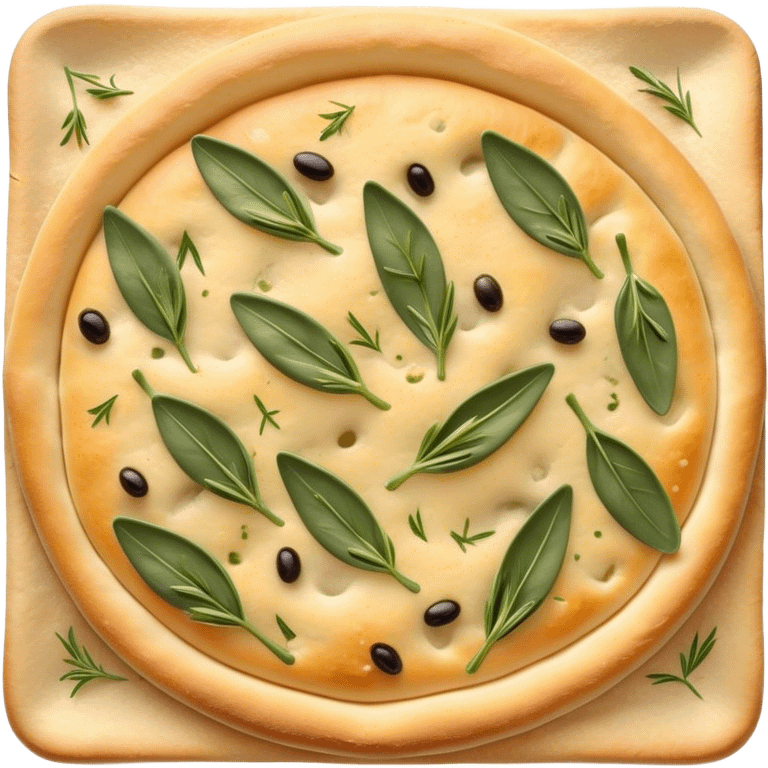 Cinematic Realistic Focaccia Bread Dish Emoji, depicted as a golden, olive oil brushed flatbread sprinkled with herbs rendered with lifelike texture and soft, appetizing lighting. emoji