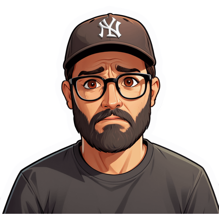 A man with a grey baseball cap, hazel eyes, big dark brown beard and glasses, crying emoji