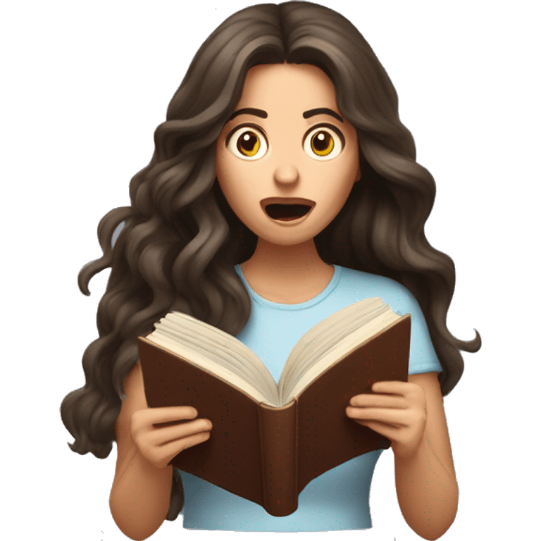 brunette long wavy hair woman shocked face while holding and reading book emoji