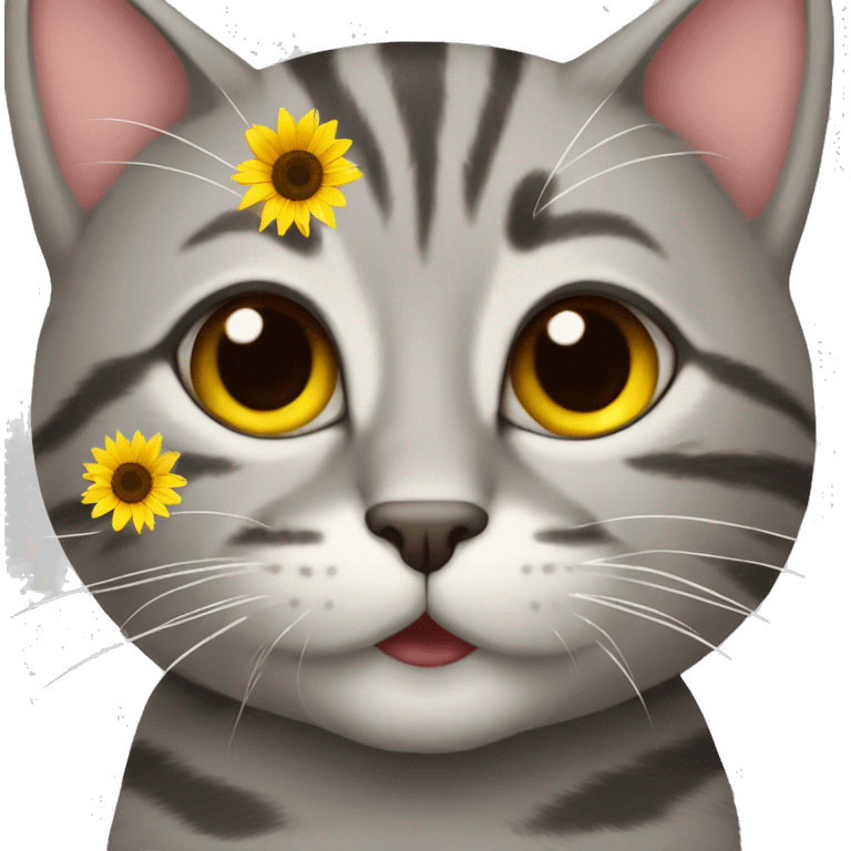 gray tabby cat face with sunflower petals around head emoji