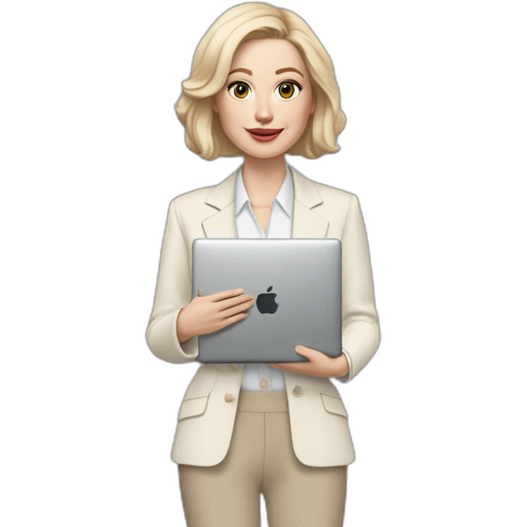 pale skin woman with ash blonde Straightened bob Hair, White Spacious classical jacket, beige palazzo Arrow pants and gray blouse holding a MacBook in the hands emoji