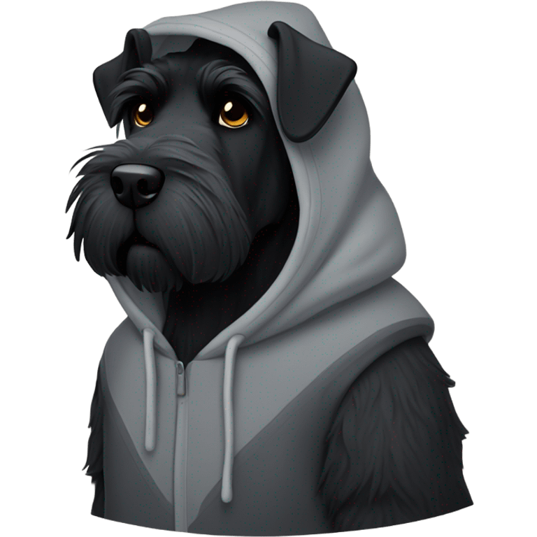 Black giant schnauzer wearing a hoodie emoji