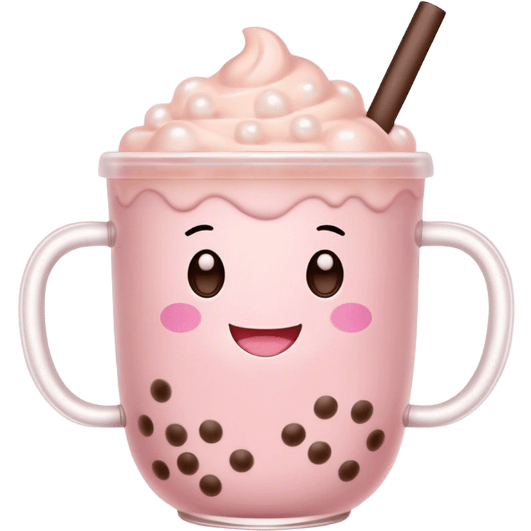 Cute Kawaii Boba Tea Cup, with a happy smiling face, chubby round shape, pastel pink and brown colors, soft glowing highlights, adorable tapioca pearls floating inside, sparkling eyes full of joy! emoji