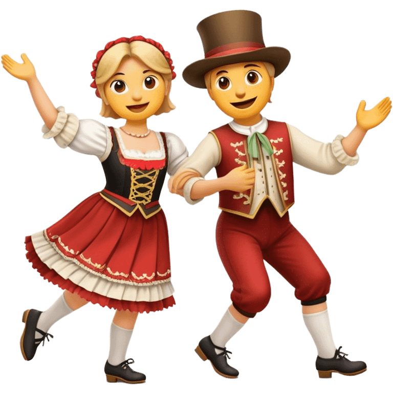 Cinematic Realistic Schuhplattler Dance Emoji, depicted as a lively traditional folk dance scene with performers in authentic Bavarian costumes, rendered with dynamic textures and festive natural lighting that captures the spirit of rural celebration. emoji