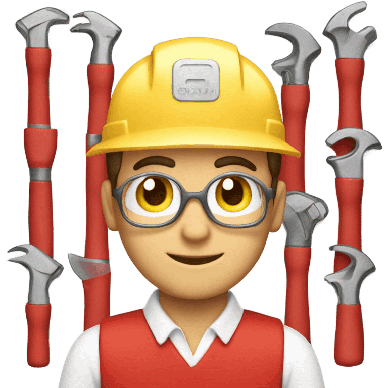 a good-looking technician wearing red uniform, holding tiling tools emoji