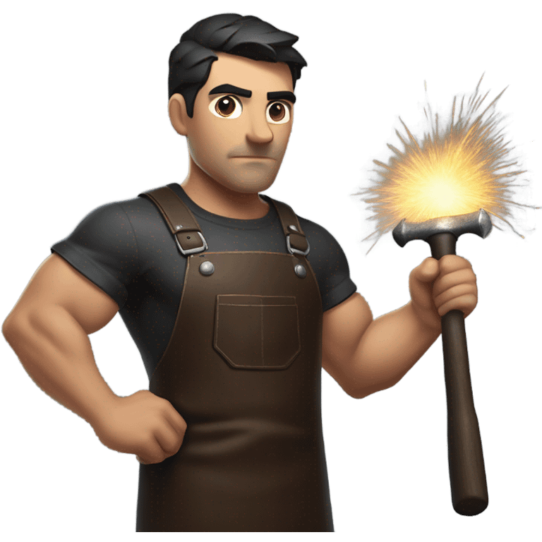 "A muscular man with soot on his face, short dark hair, and a determined expression. He wears a leather apron, holds a hammer, and stands near an anvil with glowing sparks." emoji