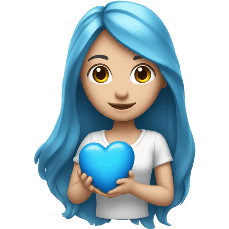 white girl with long blue hair holding a blue heart emoji