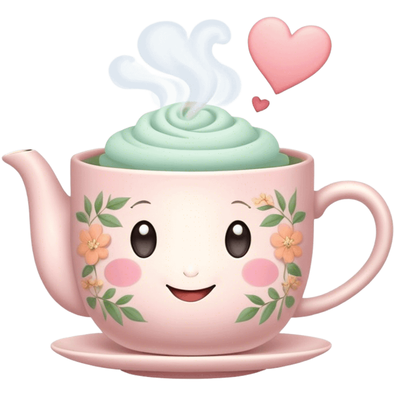 Cute Kawaii Tea Cup, steaming with warmth, a charming smiling face, soft pastel tones, delicate floral patterns, a tiny heart-shaped tea bag tag, cozy and inviting! emoji