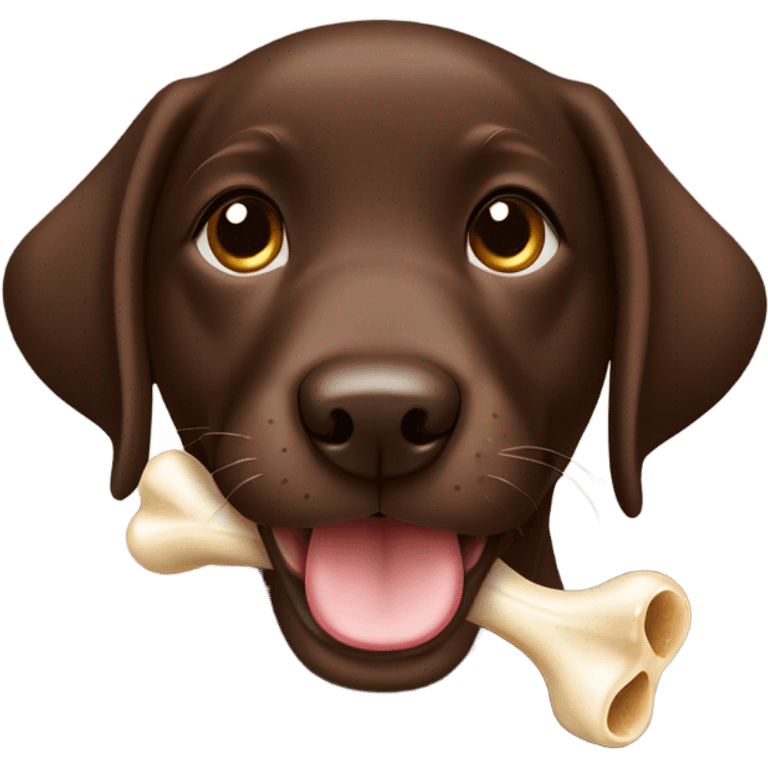 Chocolate lab puppy celebrating success with bone emoji