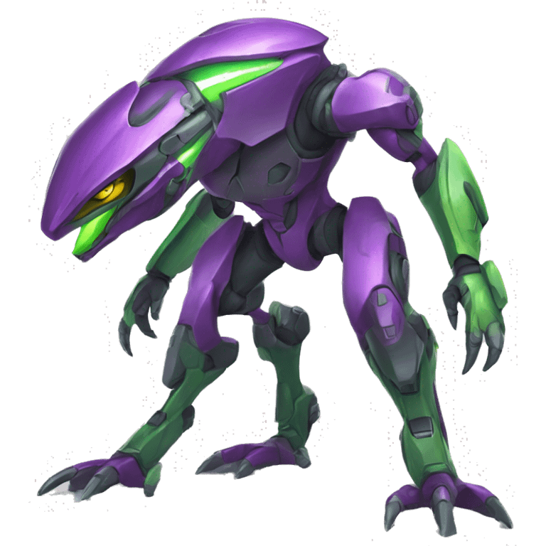 a purple-green Genesect-Raptor-Fakémon—hybrid with a futuristic visor-helmet full body emoji