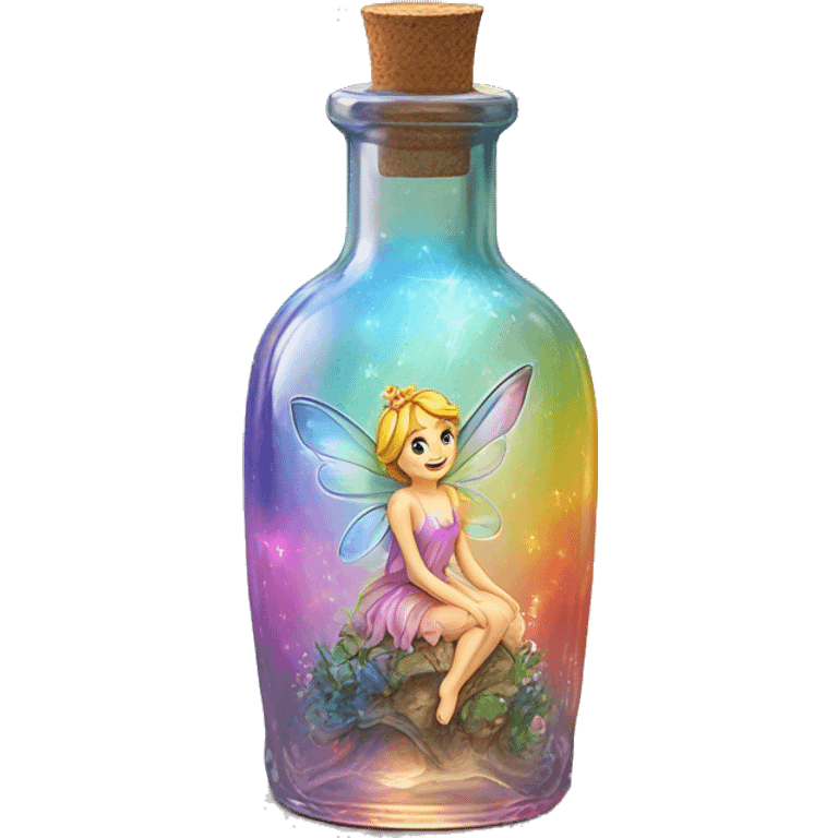 Antique oil bottle made of crystal glass of all gentle colors of the light rainbow, a living flower fairy sits at the bottom of the bottle emoji