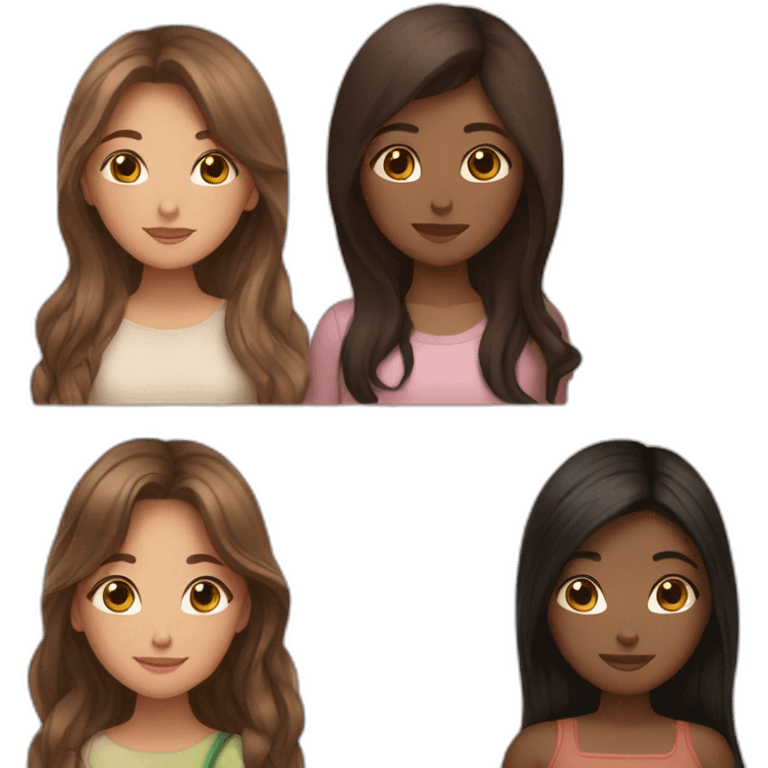 one girl long dark hair and clear skin and one girl long brown hair and darker skin hugging emoji