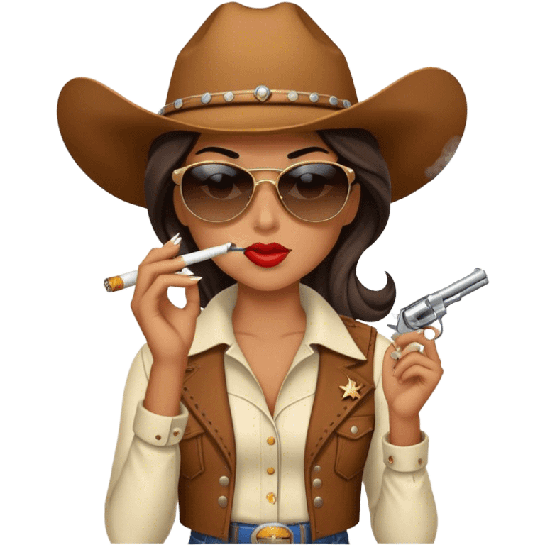 Cowgirl wearing sunglasses, smoking a cigarette, and holding a gun  emoji