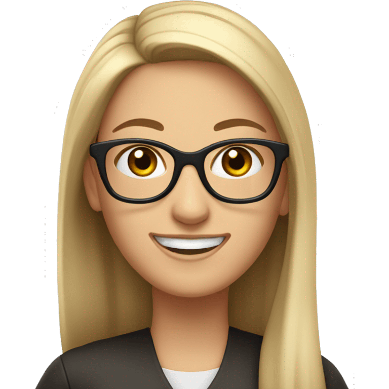 White woman, glasses, long straight hair pulled back at the sides, dark brown eyes smiling while waving emoji