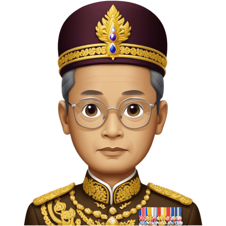 Cinematic Realistic King Bhumibol Adulyadej Portrait Emoji, depicted as a revered Thai monarch with a dignified expression and traditional royal attire, rendered with lifelike textures and soft regal lighting that captures his lasting legacy. emoji