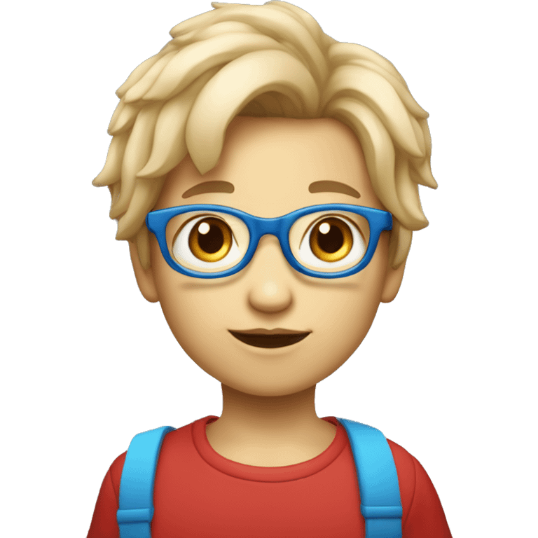 Un enfant avec les cheveux châtains clair qui a des lunettes rondes bleues et rouge et qui mange une glace emoji