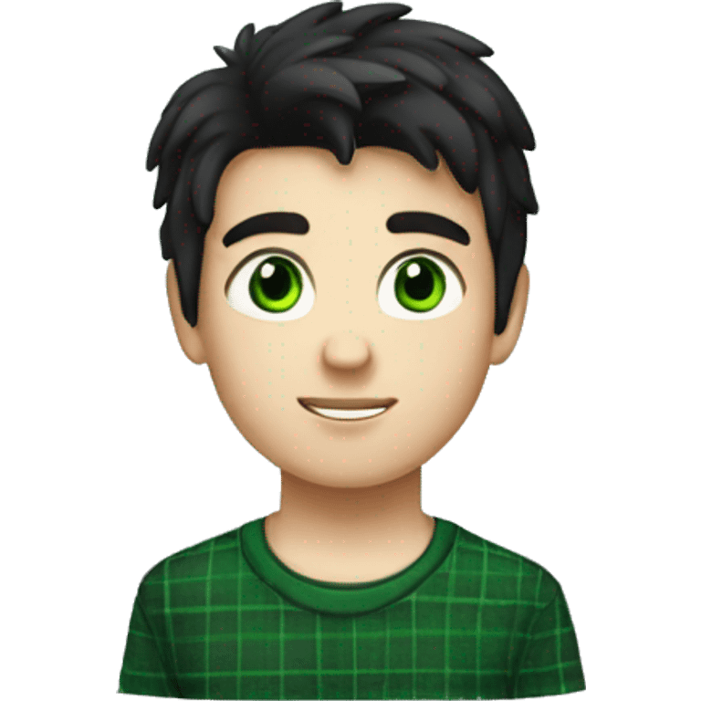 A white boy with black hair wearing a white T-shirt with a black plaid shirt over it with green eyes emoji