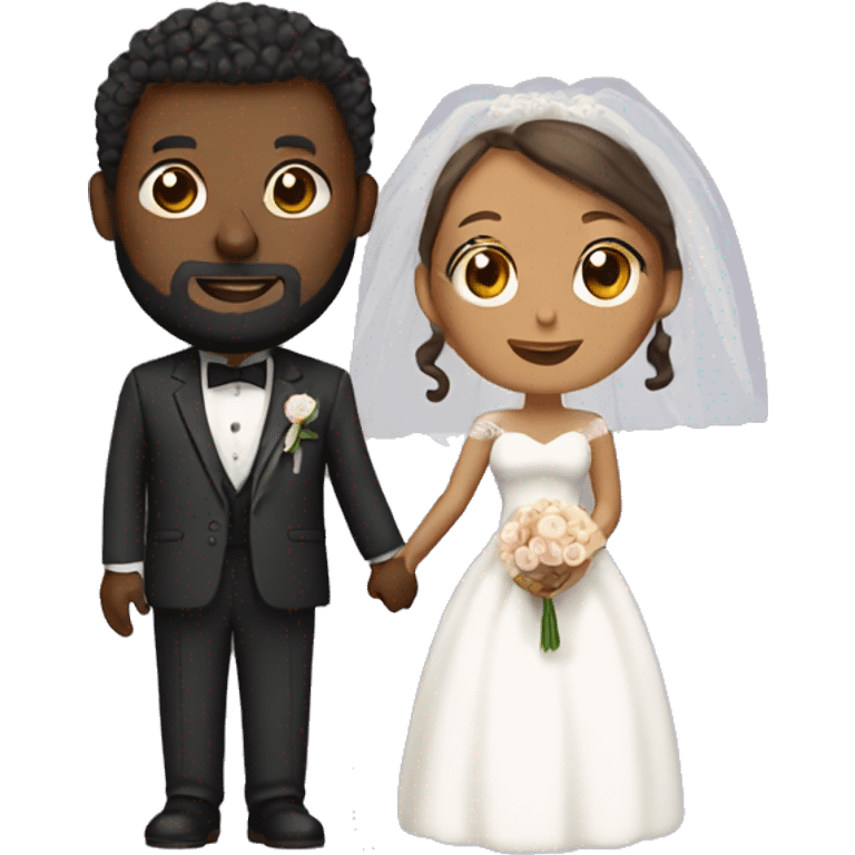 Black bald man with a beard and his wife with long, brown, curly hair on their wedding day emoji