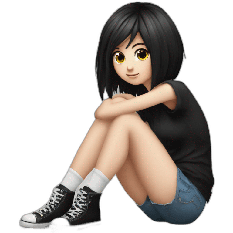 Full body curvy emo girl sits on the floor черная юбка белые трусики рваные полосатые чулки emoji