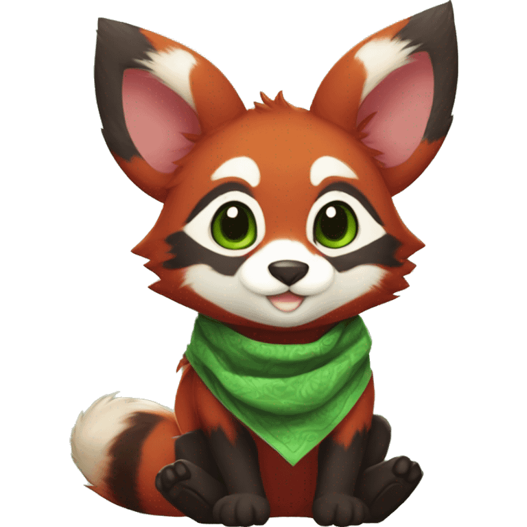 Cute, Chibi, Kemono-style, Anthro, Fur-Sona, Dark-Red, RedPanda-Mouse-hybrid-Fakémon, with a green bandana, full body emoji