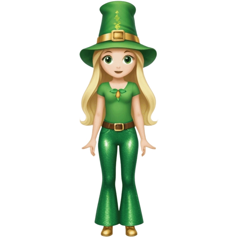 Blonde haired girl in glittery green bell bottoms and tall leprechaun hat emoji