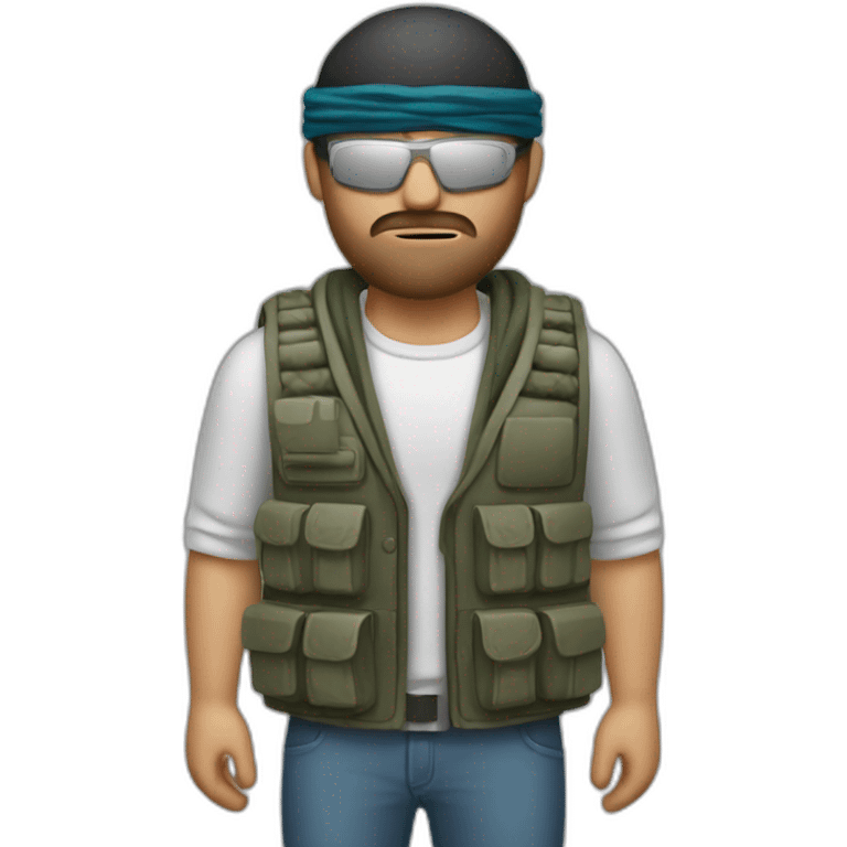 man with shemagh and bulky vest with wires sticking out and a small timer emoji