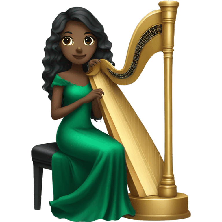 Pretty black girl with long jet black hair playing the harp while wearing an emerald green dress emoji