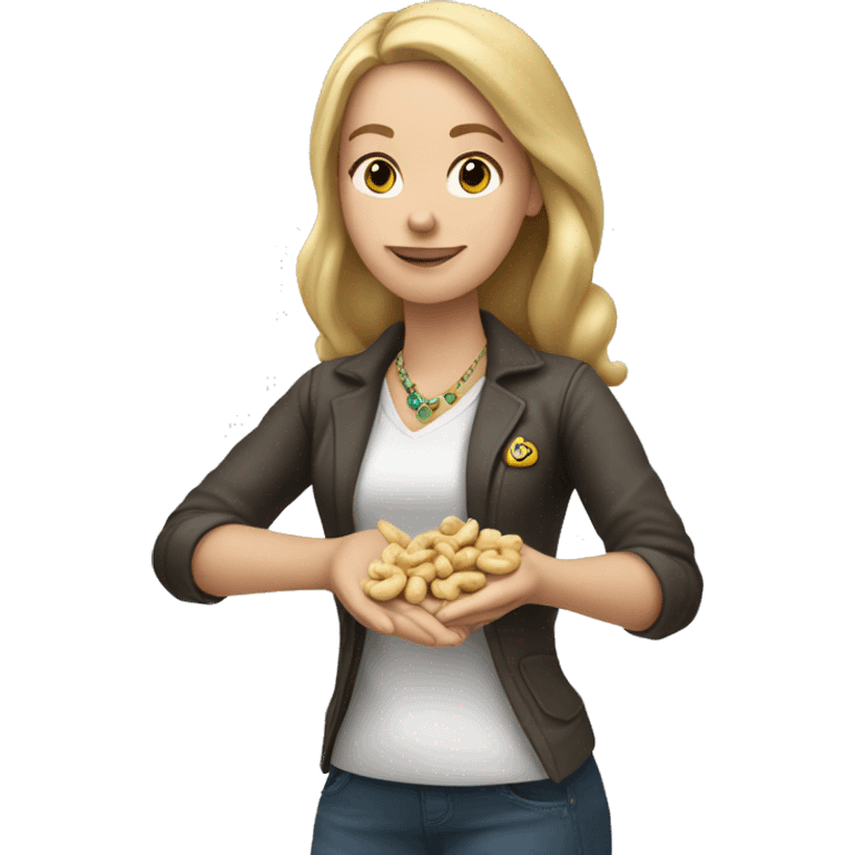 White girl holding cashews with bracelet on her wrist  emoji