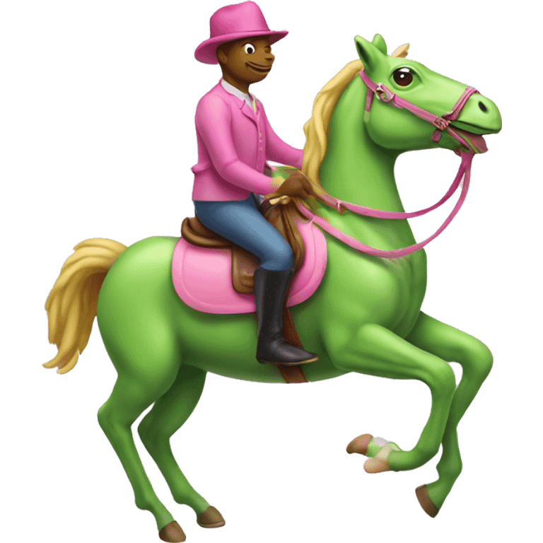 Green Frog riding a pink horse  emoji