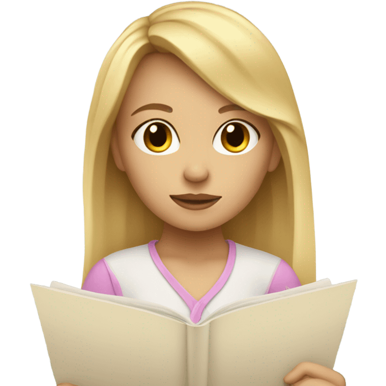 Blonde girl with curtain bangs writing poetry emoji