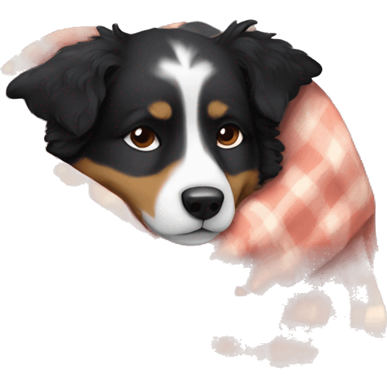 Small black australian shepherd dog sleeping with blanket  emoji