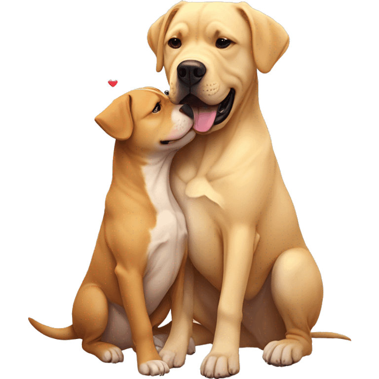 American bully and Golden Labrador retriever hug. Hearts are flying around them  emoji