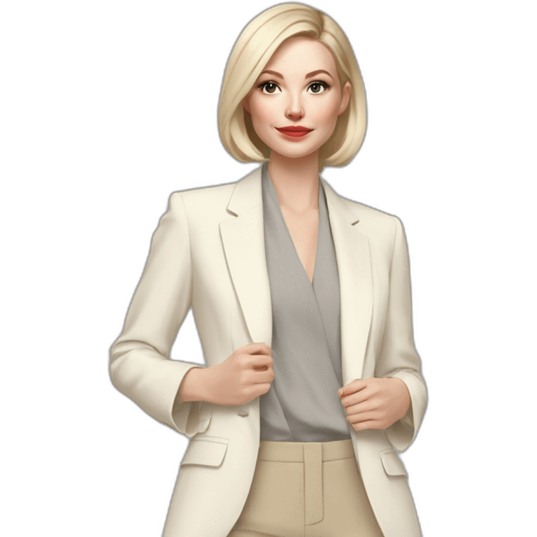 pale skin woman with ash blonde Straightened bob Hair, White Spacious classical jacket, beige palazzo Arrow pants and gray blouse holding a color palettes in the hands emoji