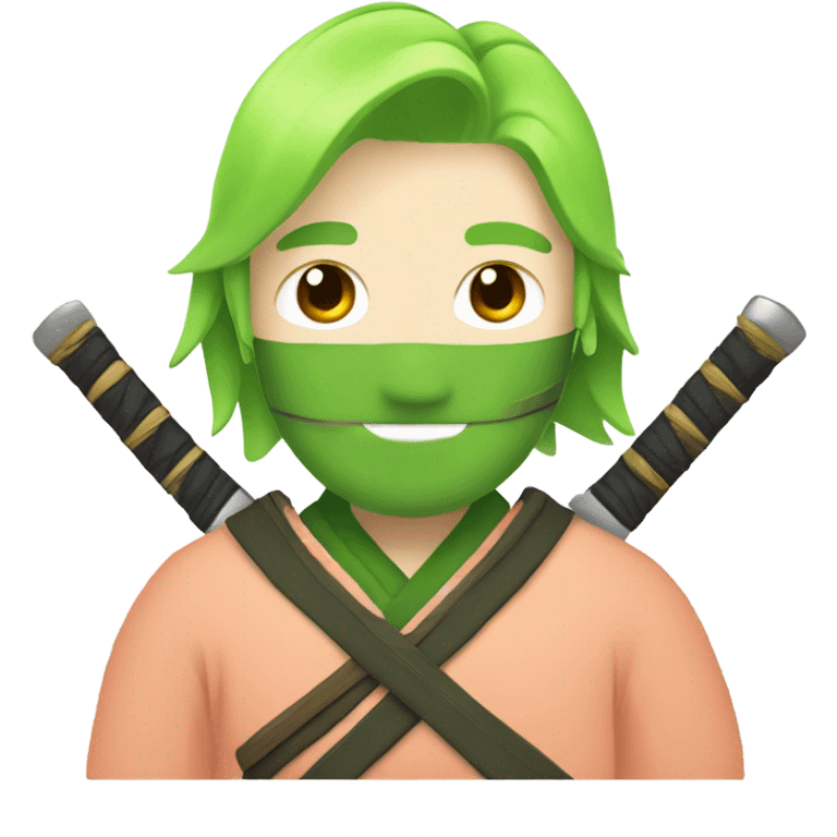 Peach man with short lime green hair with darker green clothes and three samurai swords. emoji