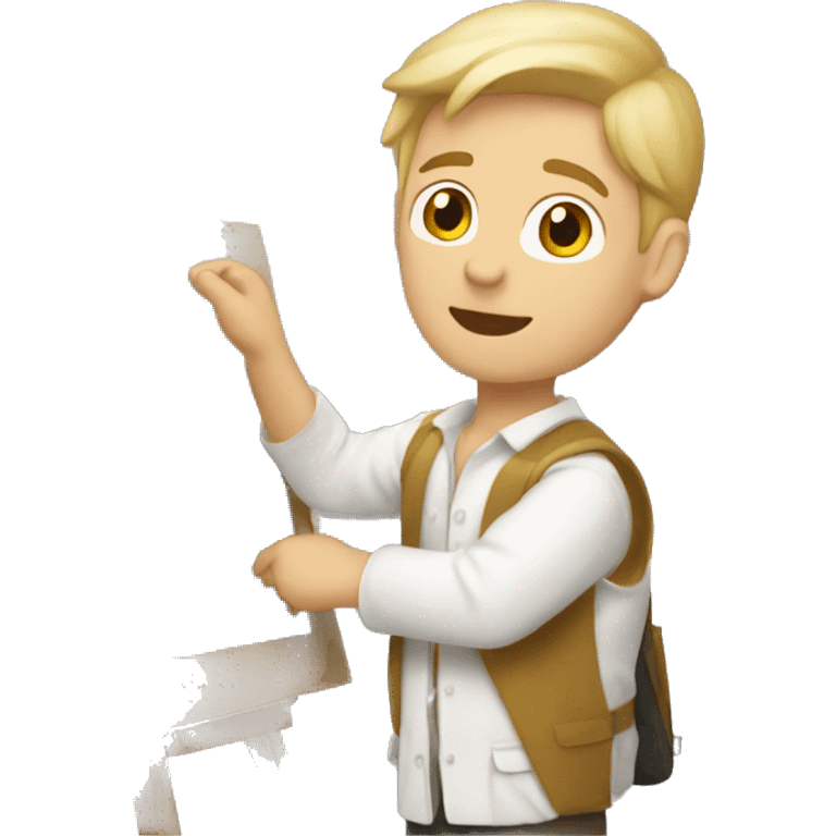 a guy with short blond hair and dressed like a painter holding a painting emoji