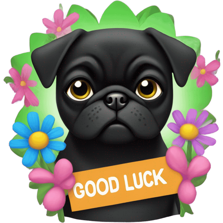 Black pug , surrounded by flowers, holding a green sign that says “good luck”  emoji