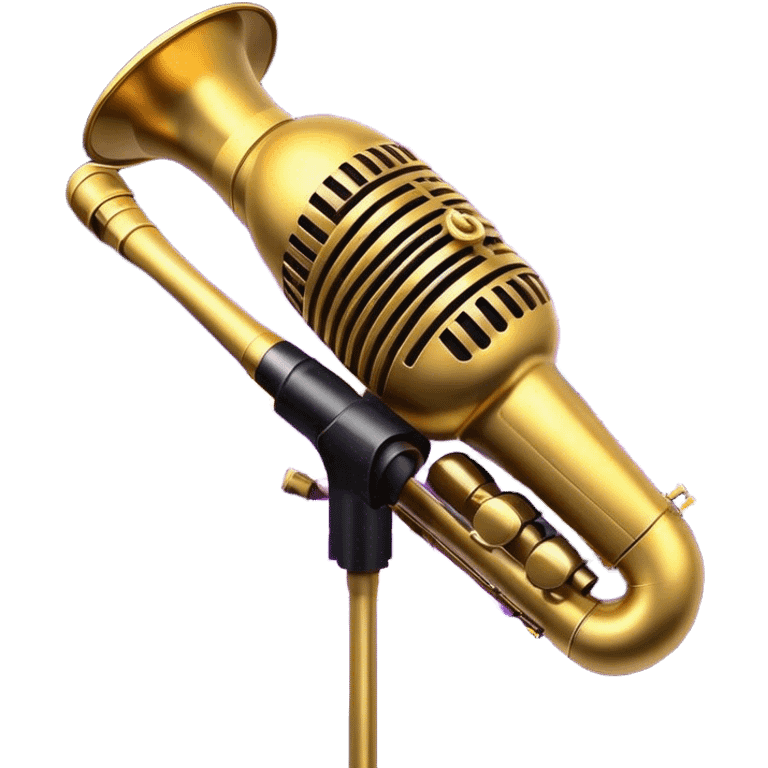 Create a vibrant and expressive emoji representing jazz vocal performance. The design should feature a vintage microphone at the center, surrounded by musical notes and soundwaves flowing outward, symbolizing the vocal improvisation and fluidity of jazz. Include key instruments often associated with jazz vocals, such as a jazz piano (stylized black keys) in the background and a saxophone or trumpet, giving it a true jazz vibe. Add soft lighting effects to evoke the intimate, atmospheric feel of a jazz club. Use rich colors like gold, black, deep purple, and red to reflect the soulful, smooth nature of jazz. The background should be transparent. emoji