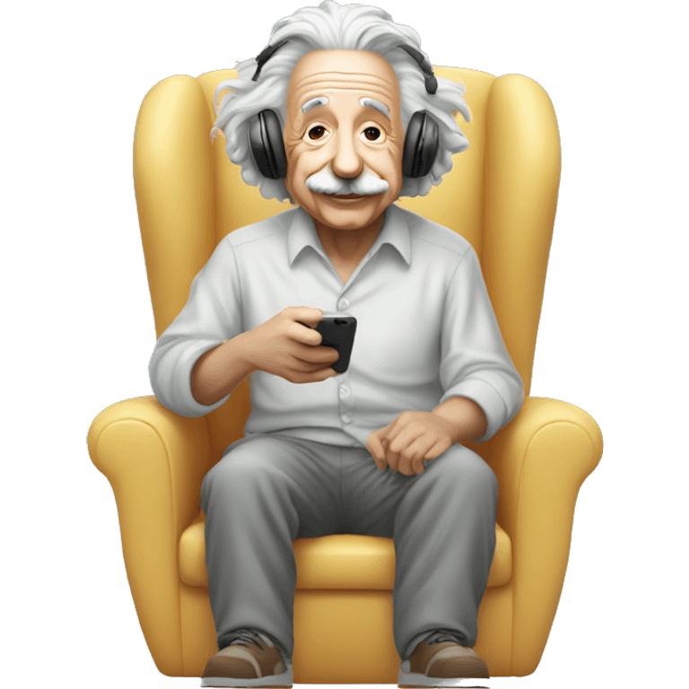 albert einstein happy listening music with wireless headphones while sitting on the chair emoji