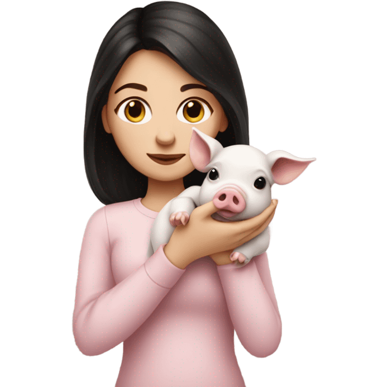 White girl with dark hair Holding a very tiny pig emoji