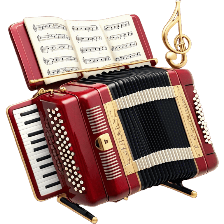  "Create a refined and elegant emoji representing a high-end Weltmeister accordion with a music stand (pupitre) and sheet music. The design should feature the accordion with its distinctive bellows and keys, positioned gracefully next to a music stand holding visible sheet music. Add musical notes flowing from the sheet music to symbolize the performance. Use rich, classic colors like deep red or black for the accordion, with gold accents to reflect its luxury. The background should be transparent emoji