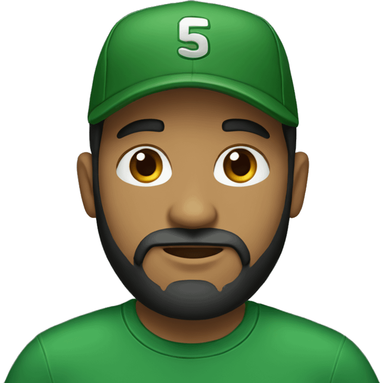 brown man with a dark beard, dark eyes, dark green t-shirt and a BLACK BLACK cap emoji