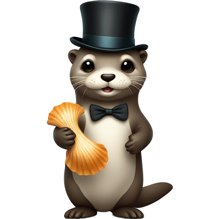 Cute Otter with glasses and top hat holding two scallop shells emoji