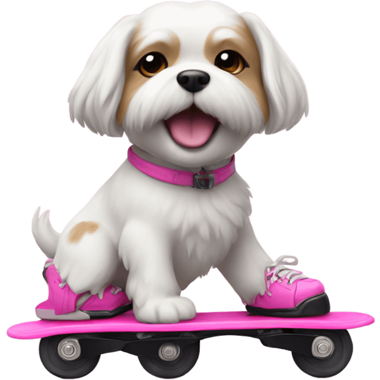 A white shitzu dog riding on a pink rollerblade  emoji