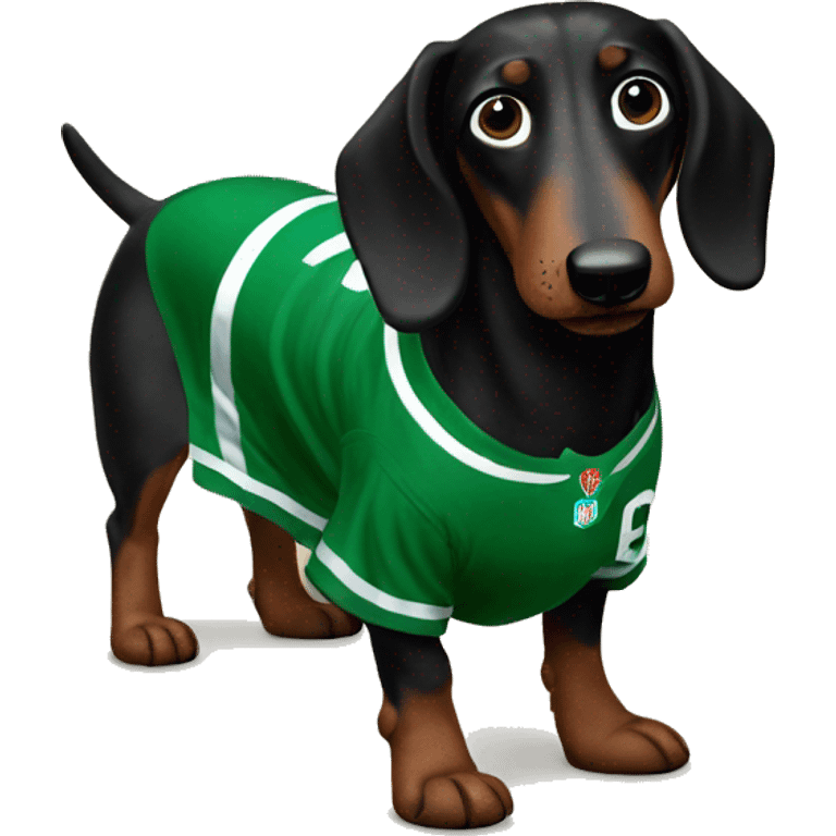 A black wiener dog wearing Celtics jersey emoji