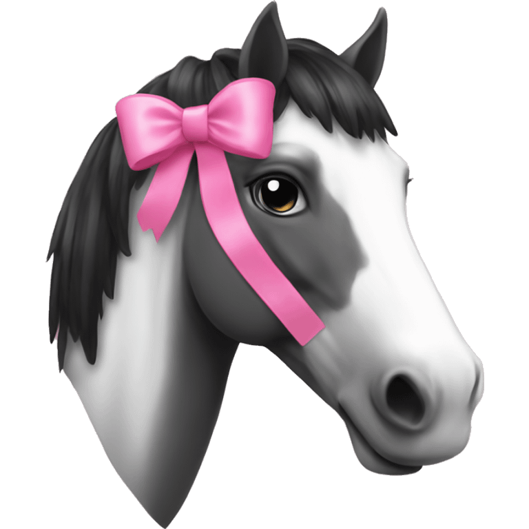 Black and white horse head with a pink bow in its fourlock emoji