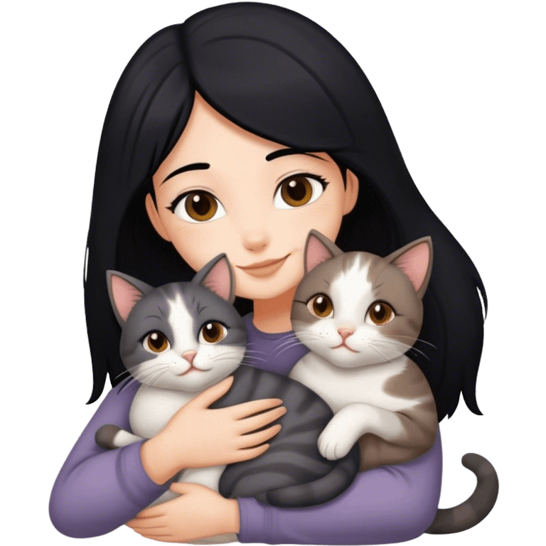 happy girl with black hair hugging three cats  (carey cat, gray cat, brown calico cat) emoji