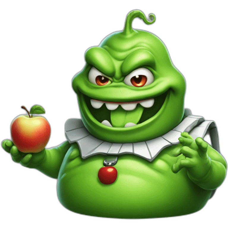 Slimer ghostbusters friendly holding an apple emoji